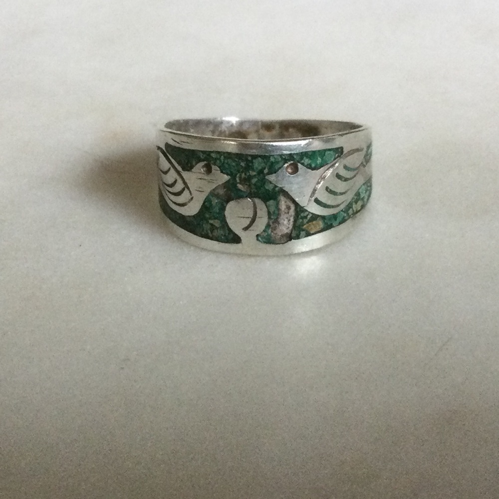 Flawed Vintage Taxco Silver & Turquoise Bird Ring
